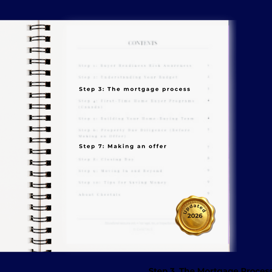 Table of contents for The Canadian Homebuyer Toolkit showing the mortgage process and making an offer steps, featuring a 2026 update seal