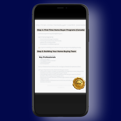 Smartphone screen displaying the 'Canadian Homebuyer Toolkit' PDF with a gold 2026 update seal