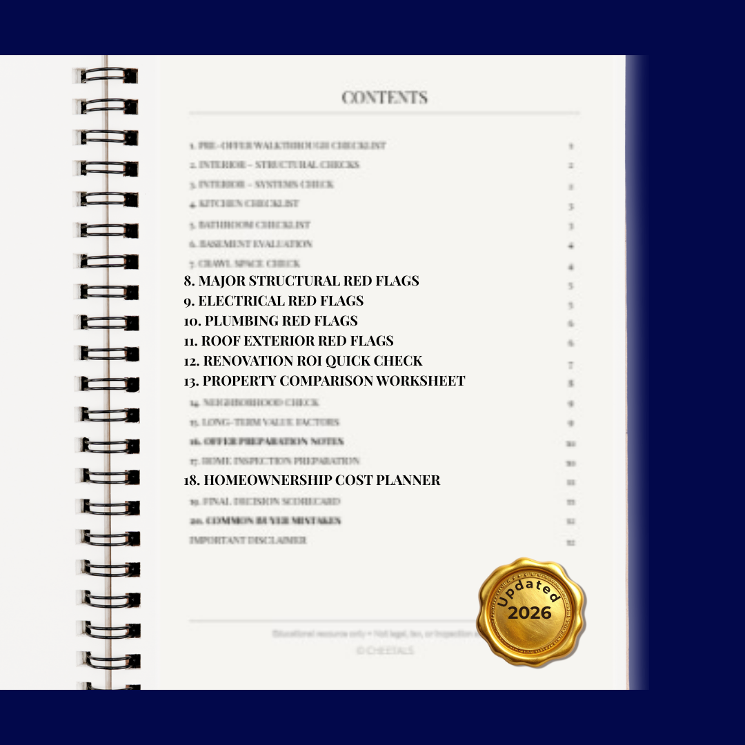 An inside look at the Home Buyer Due Diligence Toolkit, showing structural, electrical, and plumbing red flag checklists for Canadian real estate