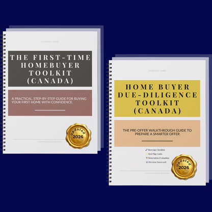 The Canadian Homebuyer Toolkit and the Home Buyer Due Diligence Toolkit cover side-by-side with gold 2026 update seals